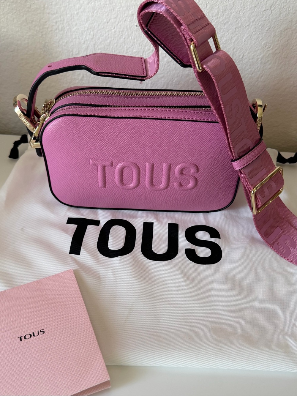 TOUS Pink Textured Crossbody Camera Bag with Logo Strap